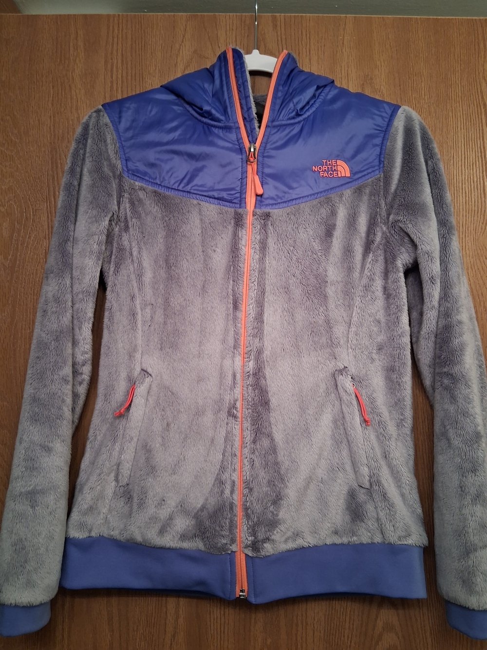 The North Face Women's Gray Teddy Jacket with Blue Yoke and Coral Trim